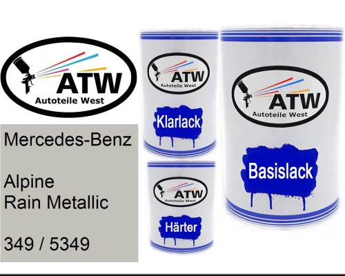 Mercedes-Benz, Alpine Rain Metallic, 349 / 5349: 500ml Lackdose + 500ml Klarlack + 250ml Härter - Set, von ATW Autoteile West.